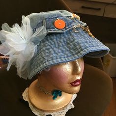 Upcycled Vintage Blue Denim Sun Hat For Women With Drawstring Wide Brim Hats For Summer Outdoor Activities I have added a pin with vintage jewelry  A denim flap I hand sewed on with an orange button. A button pin I made and a sheer pale blue flower for extra bling ❣️❣️ My home is pet and smoke free and I ship fast! Hats For Summer, Floppy Beach Hat, Black Bucket Hat, Fur Headband, Wide Brim Hats, White Beanies, Denim Projects, Brim Hats, Seersucker Pants