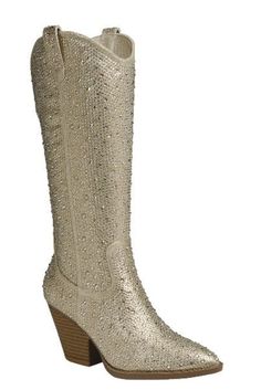 Mixed jewel embellishments lend glamorous appeal to a trend-savvy Western boot framed by a pointy toe and stacked block heel. 2" heel 9 1/2" shaft; 13" calf circumference Synthetic upper, lining and sole Saints Game, Western Boot, Personalized Accessories, Tall Boots, Western Boots, Sale Items, Block Heels, Embellishments, Champagne