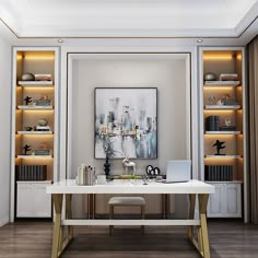 a white desk sitting in front of a book shelf filled with books on top of it