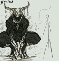 a black and white drawing of a demon