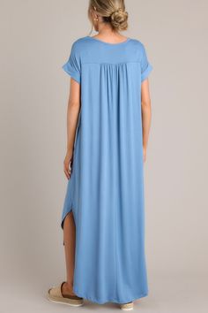 You adore variety and spice in your life, but when it comes to your favorite past time it’s Always The Same Thing. How could you top wearing this amazing maxi while headed to the beach with your main squeeze? Dress features a v-neckline, short cuffed dolman sleeves, gathering in back, pockets, double side slits, and a slight high-low curved hemline. 94% Polyester 6% Spandex  Hand Wash Cold or Dry Clean  Unlined  Made in the USA Model is wearing a small.