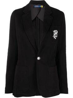 embroidered-logo single-breasted blazer from POLO RALPH LAUREN featuring jet black, cotton blend, embroidered logo, front button fastening, long sleeves and tailored cut. Ralph Lauren Blazer, Blazer Black, Breasted Blazer, Black Blazers, Jet Black, Single Breasted, Black Cotton, Polo Ralph, Women's Blazer