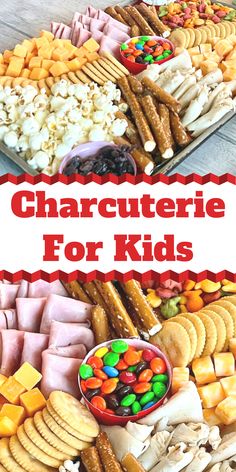 an assortment of snacks and crackers on a table with the words, charcuterie for kids