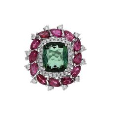 Rare 4 Cts Green Tourmaline, Pink Tourmaline with Diamond Accents/ 18k White Gold/ Designer Bridal Jewelry/ Natural Gemstone Ring For Her STONE DETAILS : ❋ Stone : Green Tourmaline & Pink Tourmaline ❋ Stone Shape : Multi Shape ❋ Stone Size : 10x9 MM & 5x2 MM Approx ❋ Stone Color : As Shown In Picture ❋ Stone Weight : 4.02 Cts & 1.80 Cts. Respectively. ❋ Stone Type : Natural ❋ Diamond Weight : 0.610 Cts. Approx. ❋ Diamond Shape : Round  Cut ❋ Diamond Quality : HI-SI ❋ Diamond Type : Natural METAL Fine Jewelry Multi-stone Tourmaline Gemstones, Multi-stone Tourmaline Fine Jewelry, Elegant Tourmaline Gemstones With Accents, Multi-stone Tourmaline Gemstones For Anniversary, Elegant Tourmaline Gemstone With Center Stone, Elegant Green Tourmaline Gemstones, Formal Multi-stone Tourmaline Ruby Ring, Formal Multi-stone Ruby Ring With Tourmaline, Fine Jewelry Green Tourmaline Gemstones