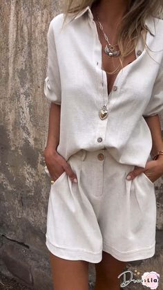 Solid Short Sleeve Shirt Top Shorts 2 Piece Sets Chique Outfit, Outfit Chic, Estilo Chic, Linen Short, Summer Set, Casual Suit, Look Casual, Summer Cotton, Casual Look