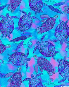 blue and pink sea turtles with swirly patterns on it's sides, against a purple background