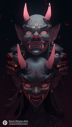 three demonic women with horns and fangs on their heads, in front of a dark background