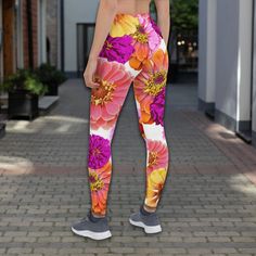 Make a beautiful statement with our vibrant Zinnia Floral Leggings. Perfect for flower and gardening enthusiasts, these buttery-soft leggings feature a stunning flower design. Crafted from premium materials, they're perfect for running errands, working out, or unwinding at home. Stay chic and cozy with these delightful leggings! 👖PRODUCT: FLORAL LEGGINGS * Fabric: 82% polyester, 18% spandex, made of a microfiber yarn, which makes the item smooth and comfortable * Fabric weight: 6.78 oz/yd² (230 Flower Clothes, Gardening Shoes, Pants Colorful, Zinnia Flowers, Flower Shoes, Home Stay, Buttery Soft Leggings, Cloth Flowers, Legging Outfits