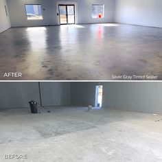 before and after photos of an empty room with no carpet, the floor has been cleaned