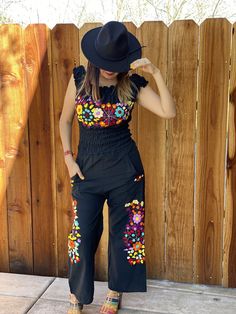 Jumpsuit, these jumpsuits fit a size S-M Casual Embroidered Jumpsuits And Rompers For Spring, Embroidered Fitted Jumpsuits And Rompers For Spring, Spring Embroidered Fitted Jumpsuits And Rompers, Embroidered Fitted Sleeveless Jumpsuits And Rompers, Sleeveless Embroidered Jumpsuits And Rompers For Summer, Mexican Wear, Mexican Outfits For Women, Mexican Theme Party Outfit, Mexican Theme Dresses