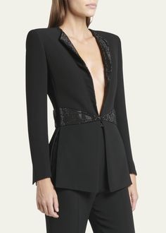 Giorgio Armani Embellished Tuxedo Jacket - Bergdorf Goodman Luxury Suits For Evening, Designer Evening Suit With Lapel Collar, Chic Embellished Party Suit, Elegant Tailored Blazer For Gala, Tailored Elegant Blazer For Gala, Elegant Embellished Party Suits, Chic Evening Suit Embellished, Chic Embellished Evening Suit, Designer Tailored Blazer For Evening