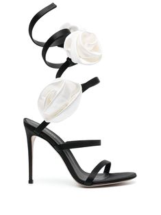 black/white faux-rose detailing open toe almond toe ankle strap branded insole high stiletto heel Le Silla Shoes, Black And White Heels, Black Stiletto Heels, Shoes Heels Classy, Boot Jewelry, Cute Heels, Super High Heels, Black Sandals Heels