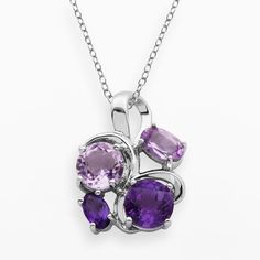 "Add breathtaking beauty to your jewelry collection with this stunning gemstone cluster pendant. Pendant Details: Pendant length: .69 in. Necklace length: 18 in. Clasp: spring-ring Metal: rhodium-plated sterling silver Stone Details: Stone type: genuine African amethyst, genuine Brazilian amethyst Cut: round, oval Setting: prong  Size: 18"". Color: Purple. Gender: female. Age Group: adult." Kohls Jewelry, Amethyst Stones, Blue Beaded Necklace, Heart Shaped Necklace, Purple Jewelry, Round Pendant Necklace, Amethyst Cluster, Amethyst Jewelry, Cluster Pendant