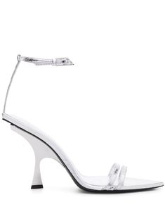 silver-tone calf leather patent finish metallic finish pointed open toe double-strap design buckle-fastening ankle strap branded leather footbed 95mm high sculpted heel leather outsole Modern Silver Sandals With 4-inch Heel, Silver Patent Leather Heels With Wrapped Heel, Silver Patent Leather Heels With Heel Strap, Metallic Sandals With Heel Strap And Pointed Toe, Silver Heels With Heel Strap In Patent Leather, Metallic Pointed Toe Sandals With Heel Strap, Metallic Sandals With Padded Heel And Pointed Toe, Sleek Silver Sandals With Padded Heel, Sleek Silver Sandals With Sculpted Heel