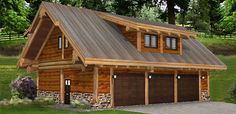 this is a computer rendering of a log cabin house with two garages on the front