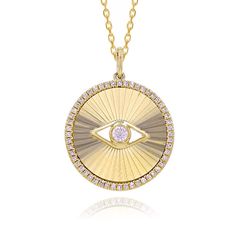 "Introducing the 14K Solid Gold Diamond Evil Eye Medallion Pendant, a captivating and symbolic piece that blends luxurious craftsmanship with protective symbolism. Crafted from high-quality 14-karat solid gold, this pendant features a timeless evil eye design adorned with dazzling diamonds. The medallion pendant showcases meticulous detailing with a delicate yet intricate evil eye motif. The presence of diamonds adds a touch of sparkle and elegance to the protective symbol, creating a piece that is not only visually stunning but also carries a meaningful message of warding off negativity and providing spiritual protection. ✪ DETAILS * Genuine, conflict-free diamonds * Diamond Weight: 0.17 Carat * Number of diamonds: 53 * Weight:  3.82 Grams * Pendant Size: 17mm * Bail Height: 5mm * The cha Luxury 14k Gold Medallion Necklace, Luxury Tarnish Resistant Medallion Necklace, Luxury Medallion Necklace With Coin Pendant, Luxury Round Pendant Jewelry With Diamond Eyes, Luxury Tarnish-resistant Medallion Necklace, Symbolic Diamond Medallion Necklace, Luxury Large Medallion Necklace, Luxury White Gold Medallion Necklace, Luxury Round Engraved Medallion Necklace