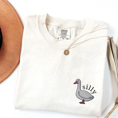 Casual Cotton Shirt With Machine Embroidery, Cotton Crew Neck Top With Embroidered Patch, Casual Cotton T-shirt With Embroidered Patch, Goose Embroidery, Cute Goose, Megan Brown, Funny Goose, Embroidery Funny, Comfort Colors Tshirt