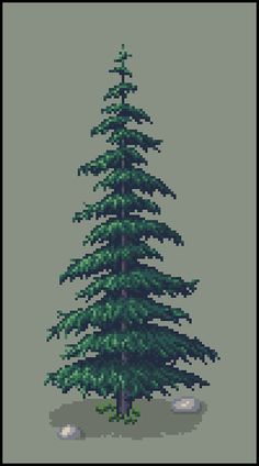 a pixelated pine tree with snow on the ground