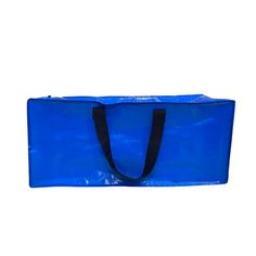 a blue bag with black handles is on a white background and it's empty