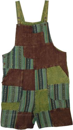 Handcrafted using cotton patchwork, this is a cotton romper with adjustable tank top straps.  It features two functional side pockets, a pocket on the bib, two back pockets, three wooden buttons each side on the straps for flexibility in length and side buttons for easy adjustment and comfort. #tlb #Sleeveless #Patchwork #JuniorPetite #Pocket #vacationclothing #bohemianfashion #patchworkjumpsuitincotton #greenpatchworkplaysuit #patchworkdungarees #hippiedungarees Goblin Core Outfit Overalls, Cotton Overalls With Patch Pockets And Bib Front, Casual Sleeveless Patchwork Overalls, Cotton Overalls With Side Pockets, Brown Cotton Overalls With Pockets, Brown Cotton Overalls, Summer Cotton Overalls With Patchwork, Summer Cotton Patchwork Overalls, Cotton Shortalls With Side Pockets