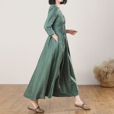 Linen Dress Green Linen Maxi Dress Casual Dress Fit & Flare - Etsy Green Fitted A-line Long Sleeve Dress, Dark Green V-neck Summer Dress, Green A-line Midi Dress, Fitted V-neck Midi Dress In Dark Green, Fitted Dark Green Midi Dress With V-neck, Fitted Dark Green V-neck Midi Dress, Green Pleated A-line Maxi Dress, Casual Green A-line Midi Dress, Green A-line Long Sleeve Dress For Spring