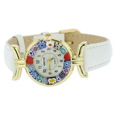 This elegant Murano glass watch is a unique timepiece featuring high-quality workmanship and the most famous Murano technique- Millefiori (a thousand flowers)- which has become a trademark of Murano glass making. Stylized flowers in beautiful colors grace the hand-made face of this watch and give it a trendy and unmistakably Venetian look. This Murano watch adds a perfect accent to any wardrobe and works equally well for your casual outing or a night on the town. The face of this Murano glass wa White Watches With Skeleton Dial, White Watch Accessories With Skeleton Dial, Luxury Multicolor Watches As Gift, Luxury Multicolor Watches For Gift, Luxury Multicolor Watches For Gifts, White Skeleton Dial Watch Accessories As Gift, Multicolor Round Watches For Gift, Multicolor Round Watches As Gifts, Elegant Multicolor Watches As Gifts