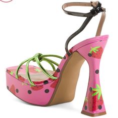 Printed Design, Lightly Padded Footbed, Anti-Slip Sole, Platform Style 5.5in. Heel Open Toe Adjustable Ankle Strap Closure Leather And Textile Upper, Man Made Sole Imported Color- Berry Multi Multicolor Pointed Toe Sandals For Summer, Trendy Heels With Heel Strap For Vacation, Summer Platform Sandals With Pointed Toe, Trendy Multicolor Evening Sandals, Trendy Summer Platform Heels, Fun Summer Sandals For Party, Fun Summer Party Sandals, Multicolor Summer Evening Heels, Fun Round Toe Heels For Party