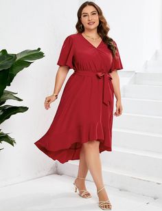 Fabric name: polyesterSkirt length: medium and longCollar type: V-neckSleeve type: flared sleeveSleeve length: short sleevesColor: redSize: XL,2XL,3XL,4XL,5XL Long Red Dress, Flare Sleeve Dress, Jumpsuit Outfit, Sleeves Dress, Party Dress Short, Short Mini Dress, Plus Size Shorts, Plus Size Womens Clothing, Plus Dresses