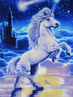 a white unicorn is standing on its hind legs in front of a castle and moon