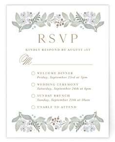 a wedding reception card with flowers and leaves