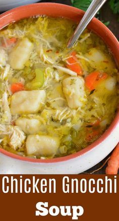 chicken gnocchi soup in a bowl with carrots and parsley on the side