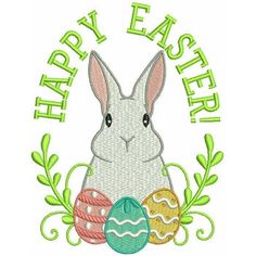 a bunny with an easter egg in front of the words happy easter