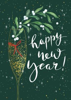 a happy new year card with a champagne glass and mist sprinkles on it