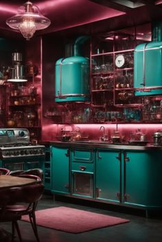 a kitchen filled with lots of green appliances and pink lighting above the stove top oven