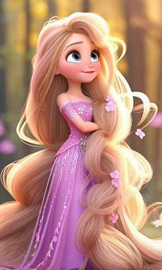 a cartoon character with long blonde hair wearing a purple dress and flowers in her hair