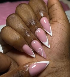 Almond Nails With Line Design, Design For Almond Shape Nails, Nails For Wide Fingers, Sassy Nails Almond, Ombre Nail Designs Almond Shape, Almond Vs Stiletto Nails, Almond Nail Styles, Almond Shaped French Tips, Almond Nails Designs Pink