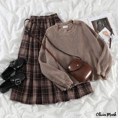 Olivia Mark - Elegant Wide-Leggings Suit with High Waist and Grid Pattern Sweater Plaid, Winter Suits, Academia Outfits, Mode Hippie, Skirt Two Piece, Loose Fit Sweater, Elegantes Outfit, Knitting Women Sweater, Plaid Skirt