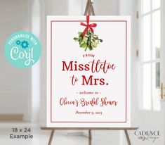 "Greet guests to a Christmas Bridal Shower with this elegant and festive welcome sign. This customizable template features holiday mistletoe and the brides name in bold lettering. Guests will smile at the playful wording of \"Misstletoe to Mrs.\" when they are welcomed into the holiday bridal shower.  ♥ DEMO LINK ♥ Try before buying! Simply copy and paste the URL below into your browser: https://www.corjl.com/d/DP9IK EDITABLE FILE You personalize and edit at home on your computer or even a mobil Holiday Shower Ideas, Christmas Bridal Shower Ideas Decor, December Bridal Shower Themes, Christmas Bridal Shower Ideas, Football Party Invitations, Christmas Bridal Shower, Christmas Bridal Showers, Bridal Shower Sign, Miss To Mrs