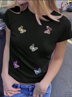 Black Casual Collar Short Sleeve Knitted Fabric Animal,Butterfly  Embellished Medium Stretch  Women Clothing Animal Butterfly, Shirt Painting, Butterfly Decor, T Shirt Painting, Butterfly Painting, Fabric Animals, Butterfly Decorations, Kids Beachwear, Black Casual