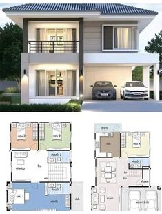 two story house plans with garage and living room in the front, one bedroom on the second