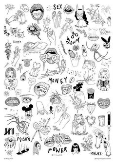 a black and white drawing of many different things