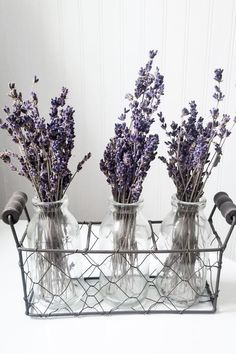 three glass vases with lavender flowers in them