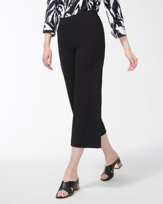 No-Iron Stretch Shirt - Chico's Flattering Black Bottoms For Work, Elegant Comfort Stretch Pants, Versatile Stretch Bottoms For Business Casual, Elegant Comfort Stretch Bottoms For Business Casual, Stretch Bottoms For Business Casual, Chic Wide Leg Bottoms With Minimal Stretch, Chic Minimal Stretch Wide Leg Bottoms, Elegant Comfort Stretch Pants With Elastic Waistband, Versatile Elastane Ankle-length Dress Pants