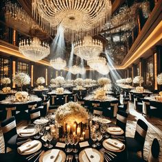 an elegant dining room with chandeliers and tables set up for a formal function