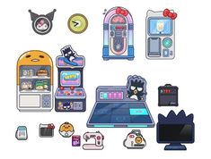 an assortment of cartoon items are shown in this image