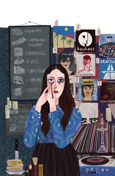 a painting of a woman with her hand on her face in front of bookshelves