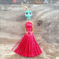 Super Cute Skeleton Skull Tassel Earrings. Turquoise Head With Red Tassel Dress And Gold Arms. Hurry, These Are Selling Fast! High Fashion Earrings, Sugar Skull Jewelry, Sugar Skull Earrings, Geode Jewelry, Skeleton Earrings, Skull Jewelry, Beaded Skull, Skull Earrings, Halloween Earrings