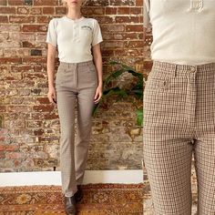 Vintage 1990s Beige Burgundy Checkered Cotton Stretch Trousers - Zipper fly - Beige/ green/ red checkered print - Mid-rise fit with straight leg - Excellent condition, no flaws - Fits best size Small, 26-27" waist - Material has some stretch, rayon, polyamide blend  Tags: New Penny Made in Italy 42 - vintage size, check measurements  Measurements are done with garment laying flat and are not doubled. Please refer to measurements to ensure proper fit. Waist- 13" resting, 13.5" taut Rise- 11" Hips Beige Checkered Pants Outfit, Beige Plaid Pants Outfit, Vintage Straight Leg Pants For Fall, Vintage Pants For Fall, Vintage Trousers For Fall, Vintage Fall Trousers, Vintage Fitted Pants For Fall, 90s Style Fall Pants, 90s Style Fitted Straight Leg Bottoms