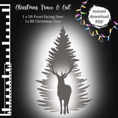 a christmas tree and deer silhouette on a black background with the text, instant cut