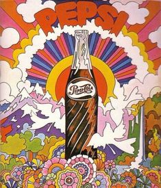 an advertisement for the pepsi cola company with flowers and mountains in the backgroud